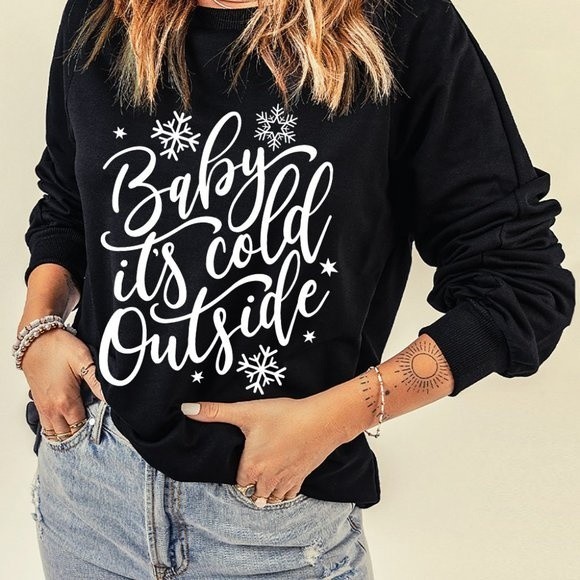 Baby its cold outside Black Snowflake Pullover Sweatshirt - Picture 3 of 5
